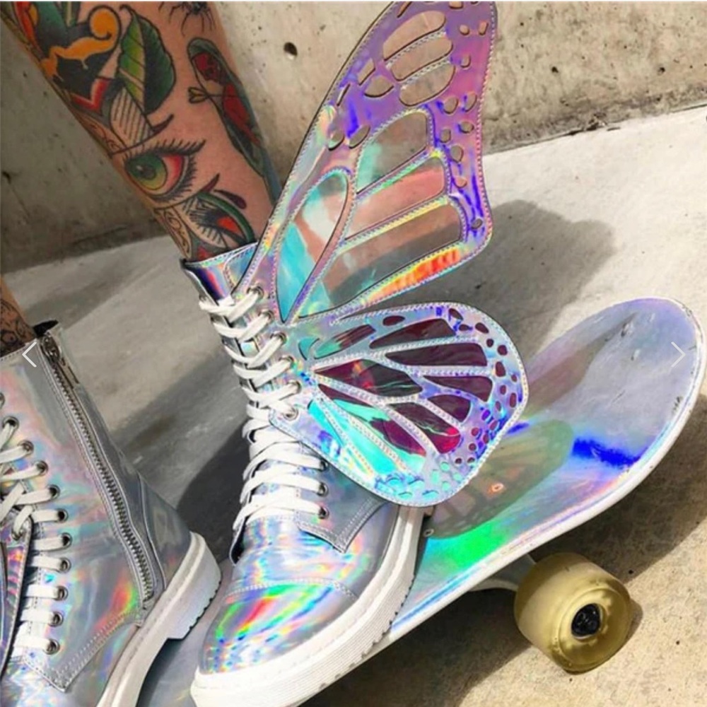 Silver Holographic Metamorphic Butterfly Boots with Wings - Club Exx - Picture 4 of 10